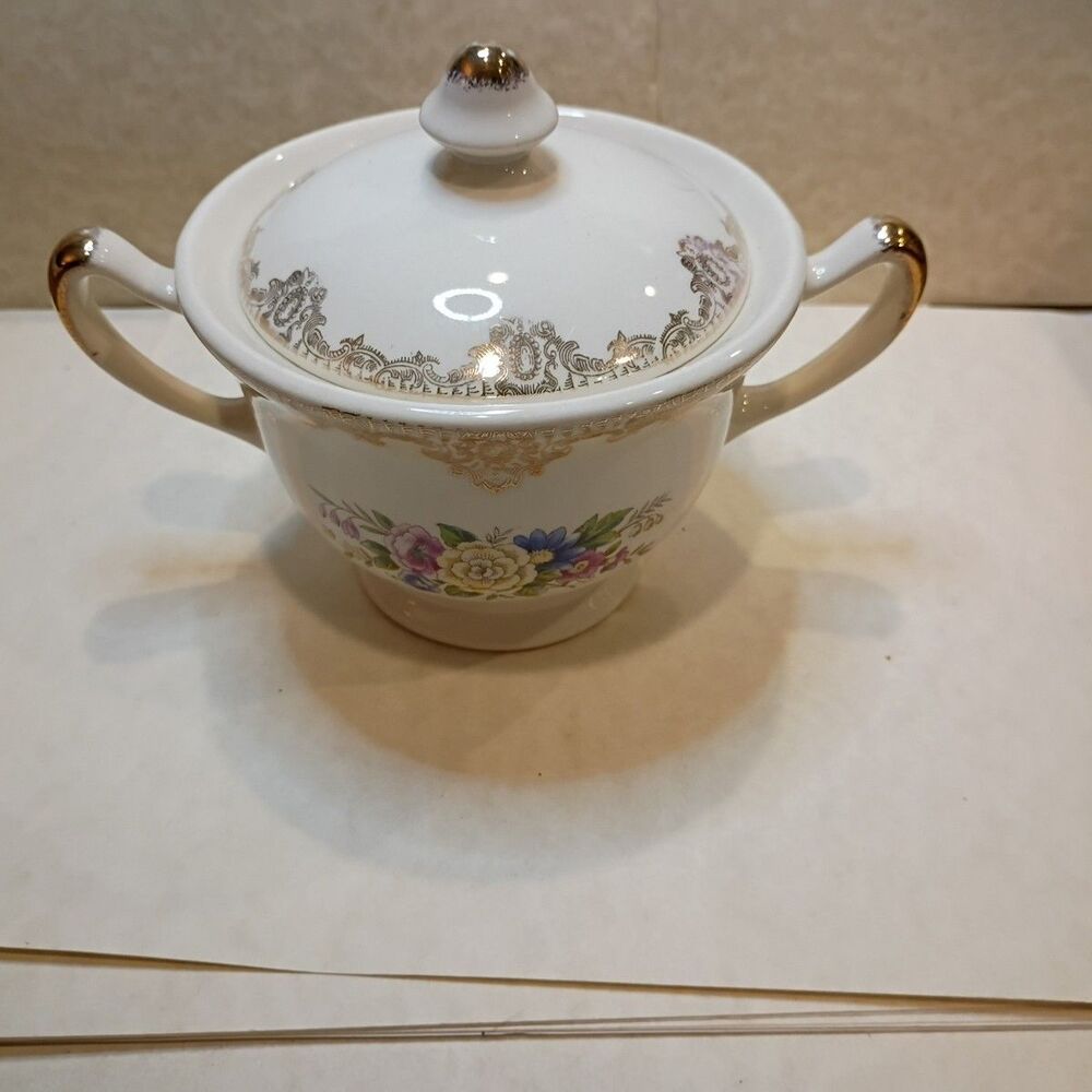 Vintage Porcelain Lidded Sugar Bowl With Floral Pattern and Gold Trim Elegant